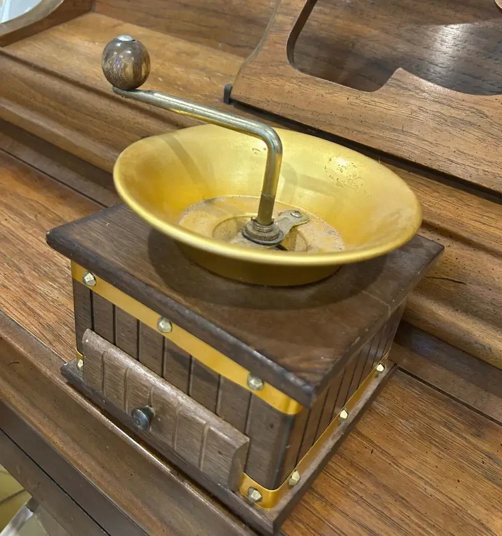 Vintage Wooden Coffee Grinder Hand Crank Mill with Brass Tone Top and Drawer
